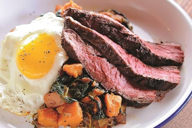 “Blackened” Hanger Steak Sweet Potato Hash and Fried Egg