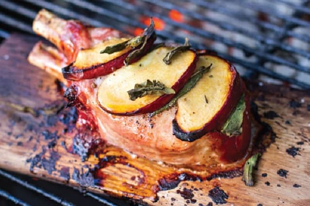 Planked Pork Chops with Apple, Sage & Cider Reduction