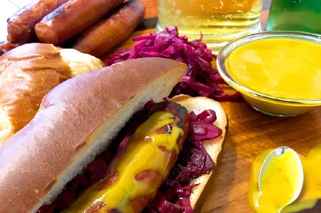 Grilled Beer Bratwurst with IPA Mustard BBQ Sauce