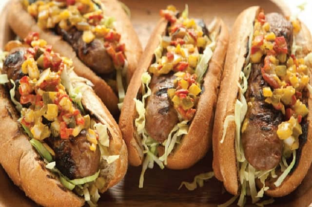 Sausage on a Bun with Pickle Pepper Relish