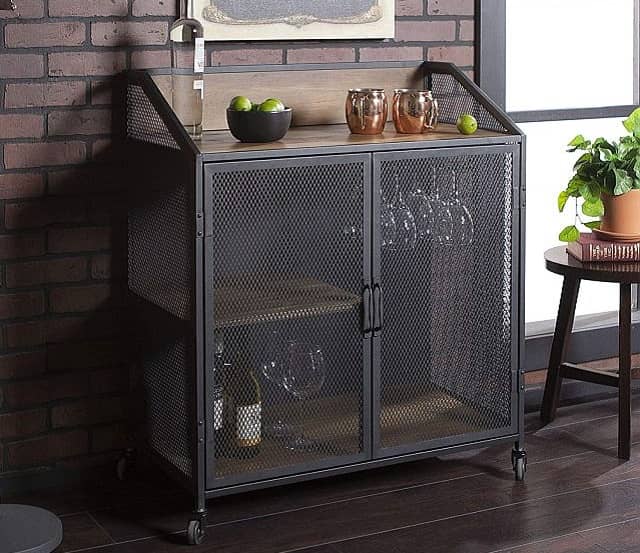 Wood and Metal Bar Cabinet with Wheels